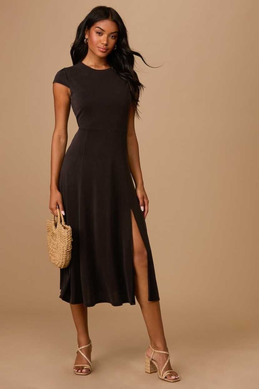 Black Cap Sleeve Dress - Short Sleeve Dress - Cutout Midi Dress ...