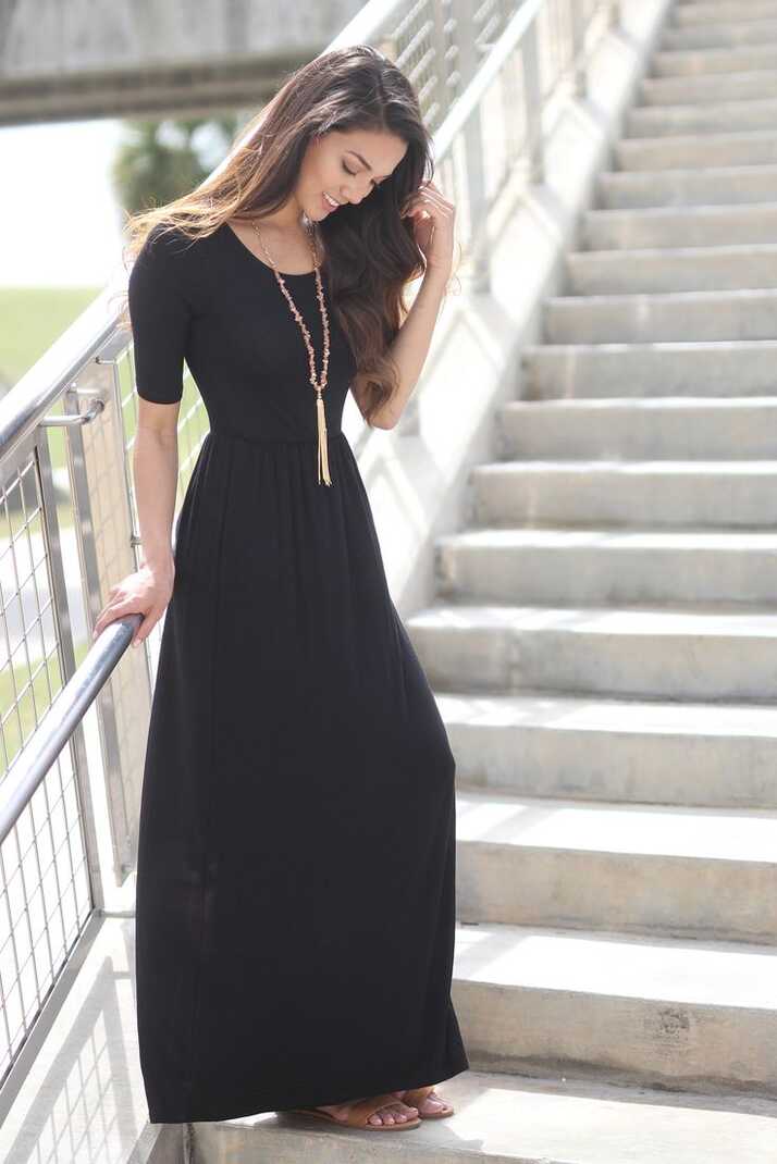 Black Casual Maxi Dress with 3/4 Sleeves