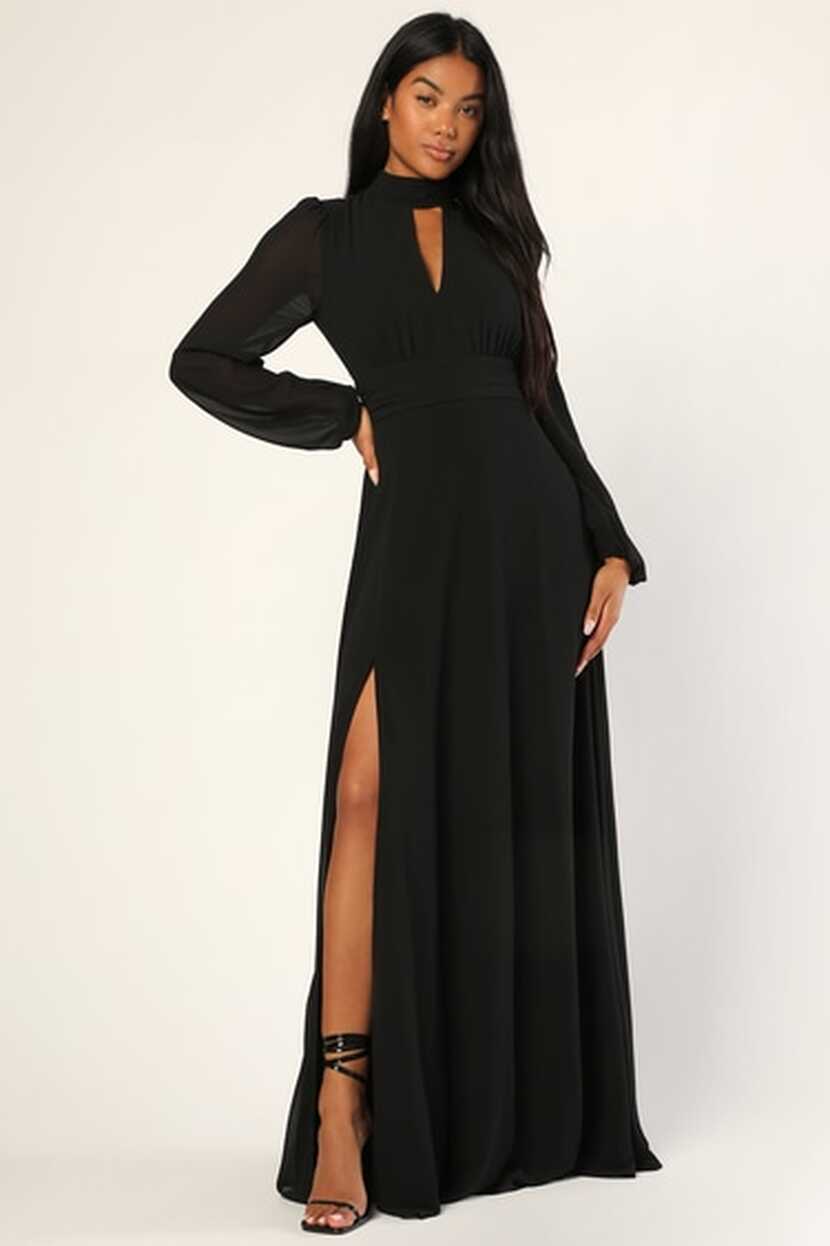 Black Chiffon Maxi Dress - Long Sleeve Maxi Dress - Keyhole Dress ...