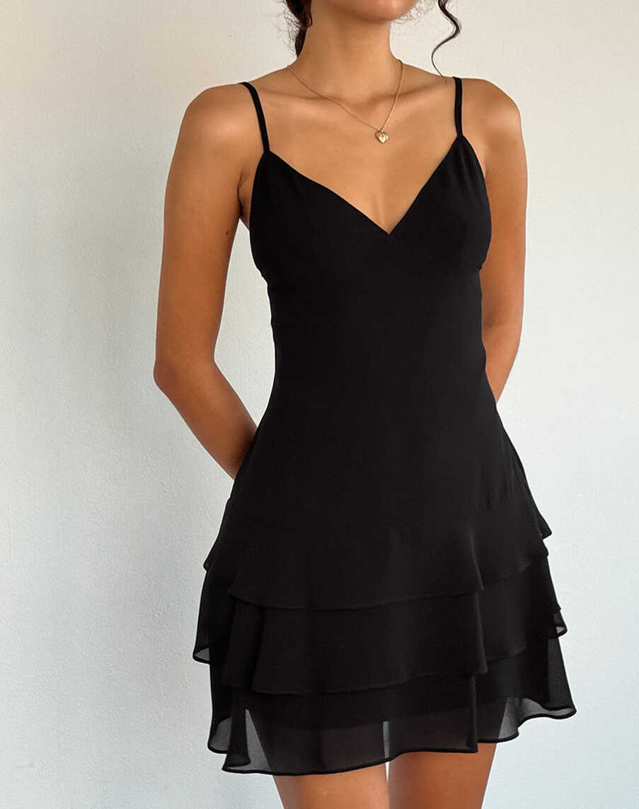 Black Chiffon Ruffle Mini Dress | Riasi – motelrocks.com