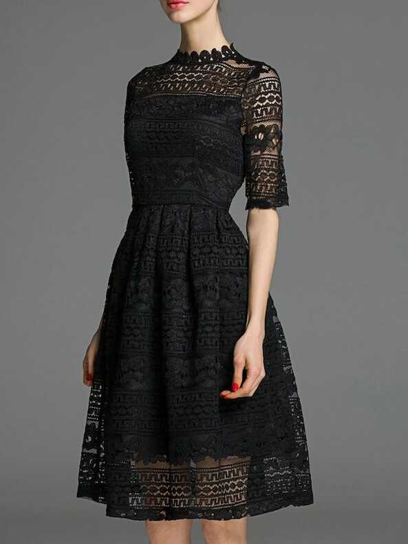 Black Collar A-Line Lace Dress