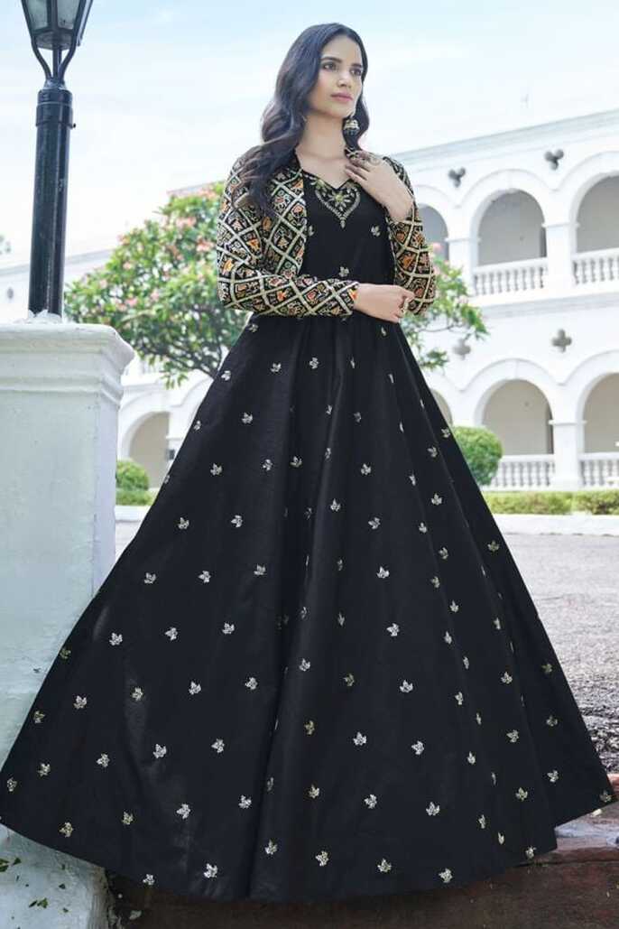 Black Color Cotton Fabric Party Look Fabulous Gown With Koti