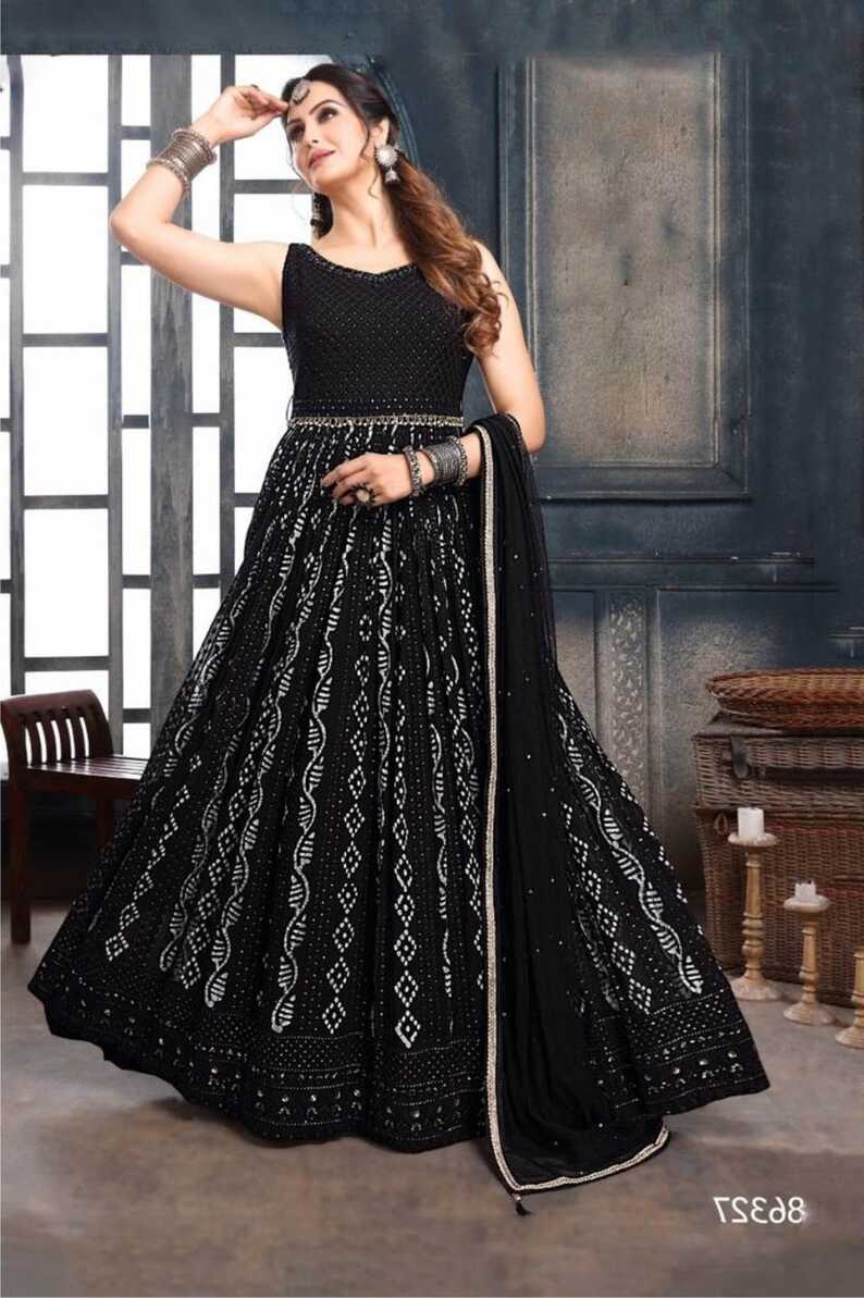 Black Color Party Wear Designer Gown With Belt :: ANOKHI FASHION