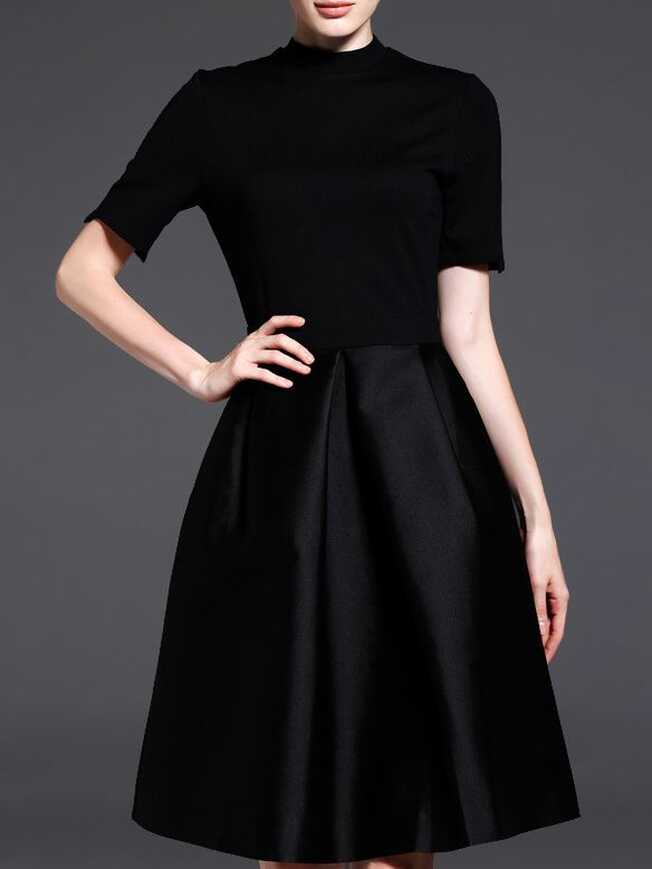 Black Crew Neck Pockets A-Line Dress