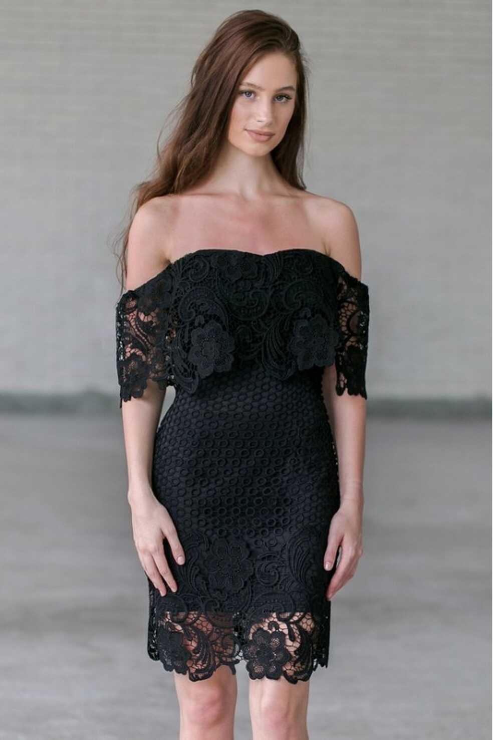 Black Crochet Lace Off Shoulder Dress, Cute Black Juniors Dress ...