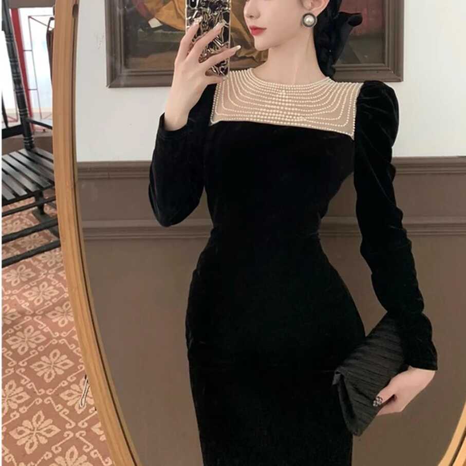 Black Elegant Evening Midi Dress Women Bodycon France Vintage ...