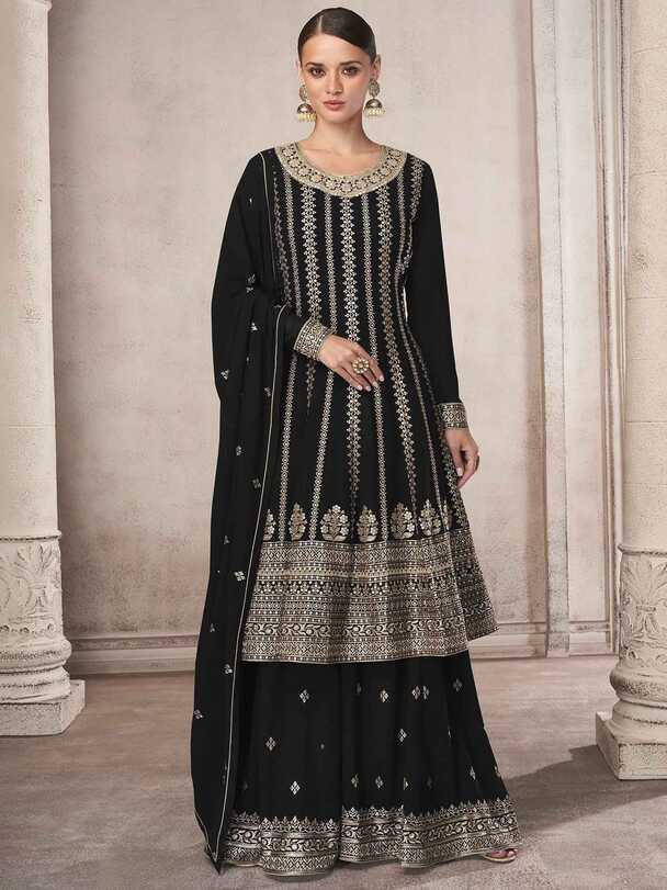 Black Embroidered Flared Salwar Suit In Georgette