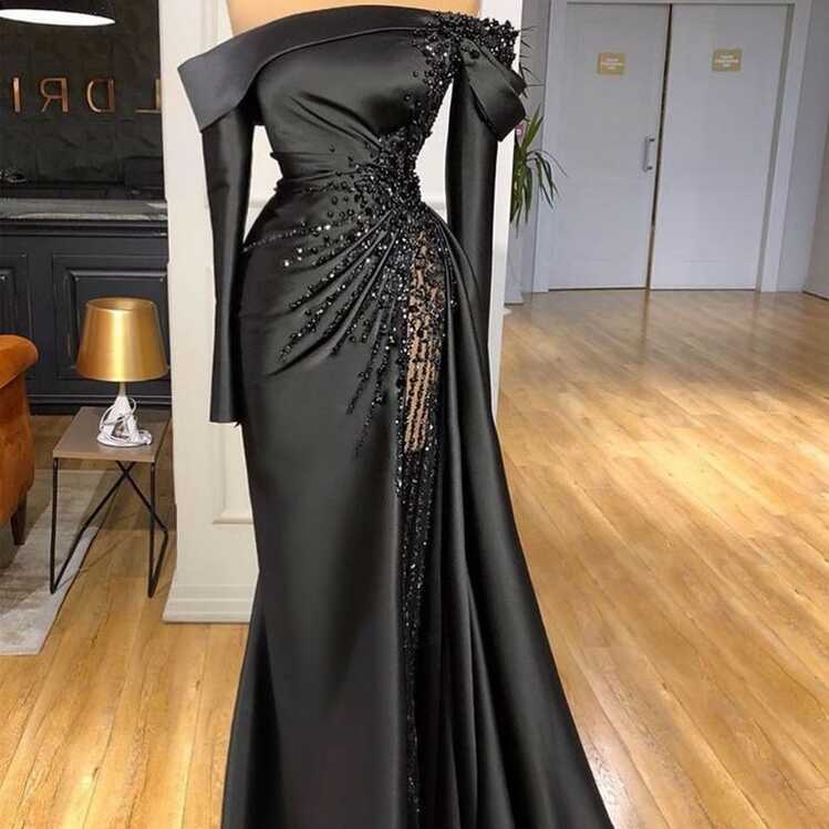 Black Evening Dresses 2023 Long Sleeve Boat Neck Beaded ...