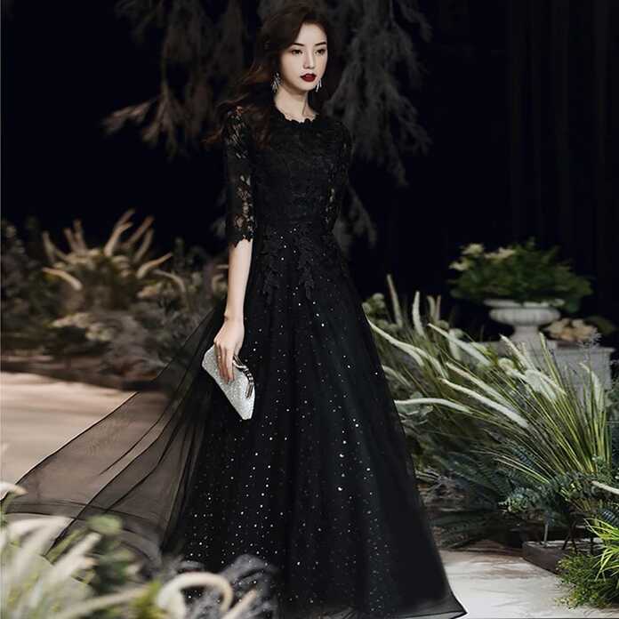 Black Evening Dresses O-neck Lace Half Sleeves A-ling Bling Floor ...