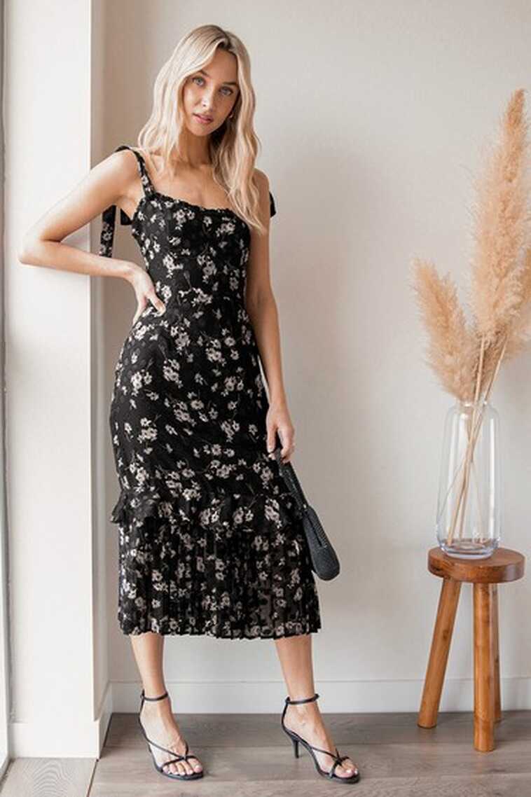 Black Floral Dress - Chiffon Midi Dress - Ruffled Midi Dress - Lulus