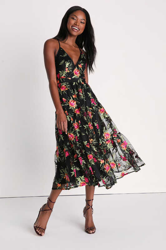 Black Floral Dress - Embroidered Dress - Floral Midi Dress - Lulus