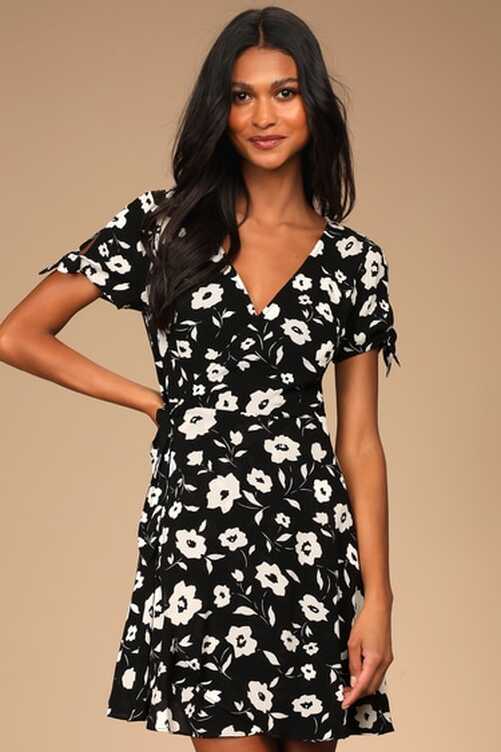 Black Floral Dress - Wrap Dress - Short Sleeve Dress - Lulus