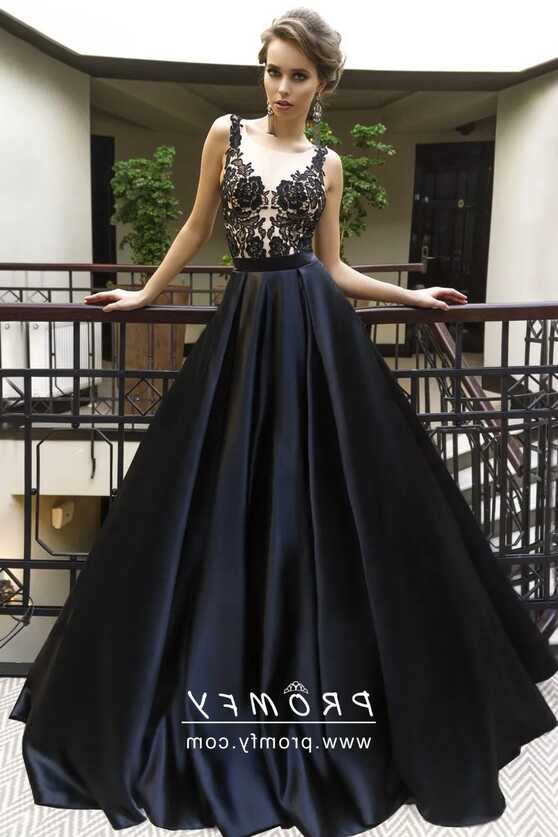 Black Floral Lace &amp; Satin Classy Long Formal Dress - Promfy