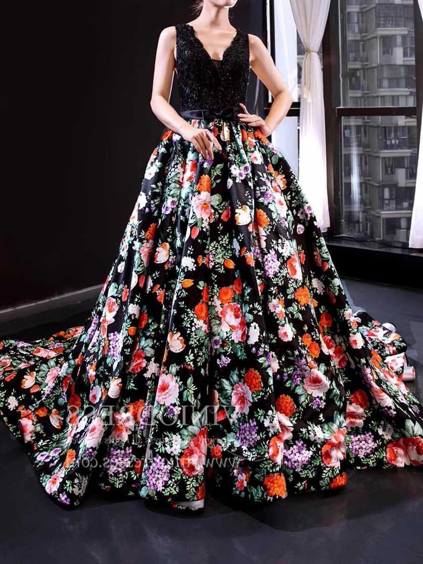 Black Floral Long Prom Dresses V Neck Beaded Princess Dress FD1158 ...