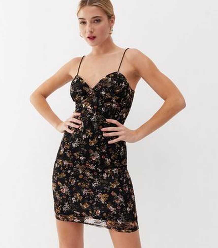 Black Floral Mesh Spaghetti Strap Mini Dress | New Look