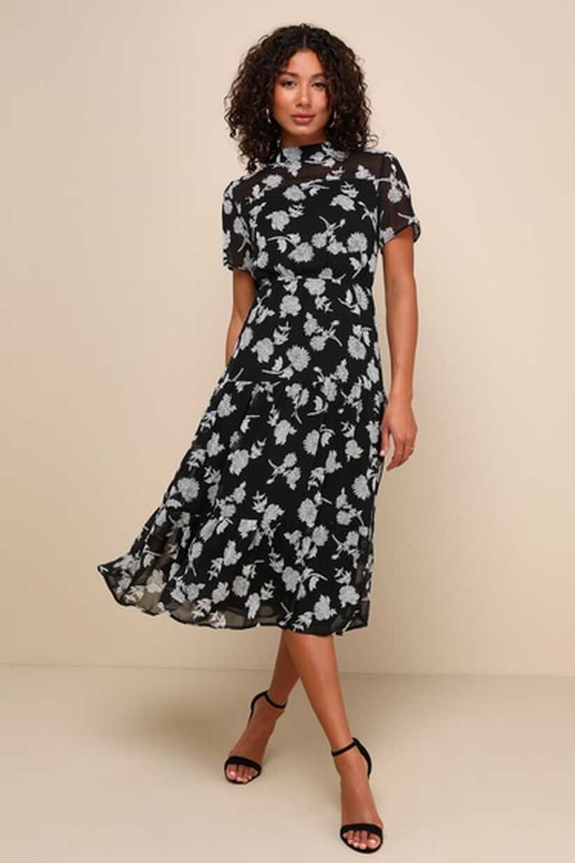 Black Floral Print Dress - Black Midi Dress - Short Sleeve Dress ...