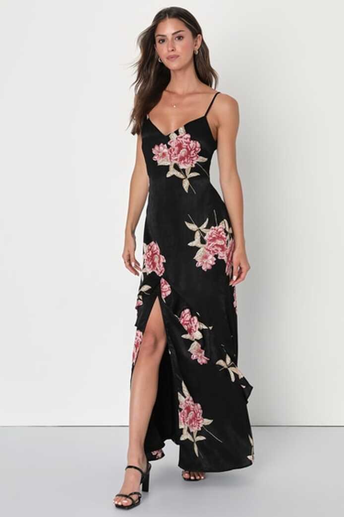 Black Floral Print Dress - Satin Maxi Dress - Satin Floral Dress ...