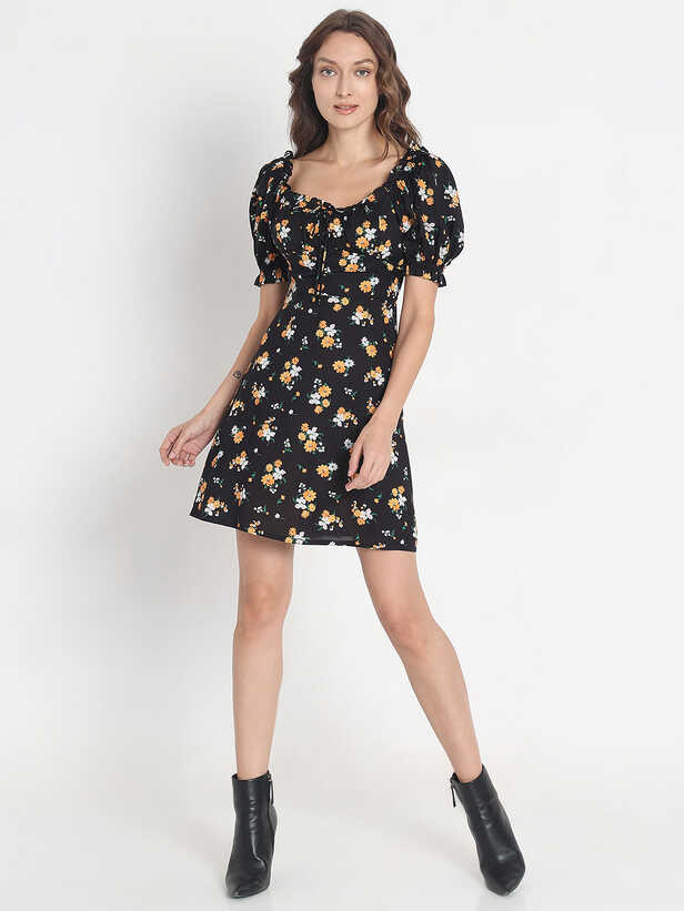 Black Floral Print Mini Dress