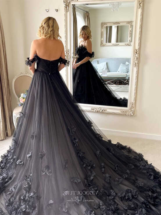 Black Floral Prom Dresses Off the Shoulder Formal Dress 24033 ...