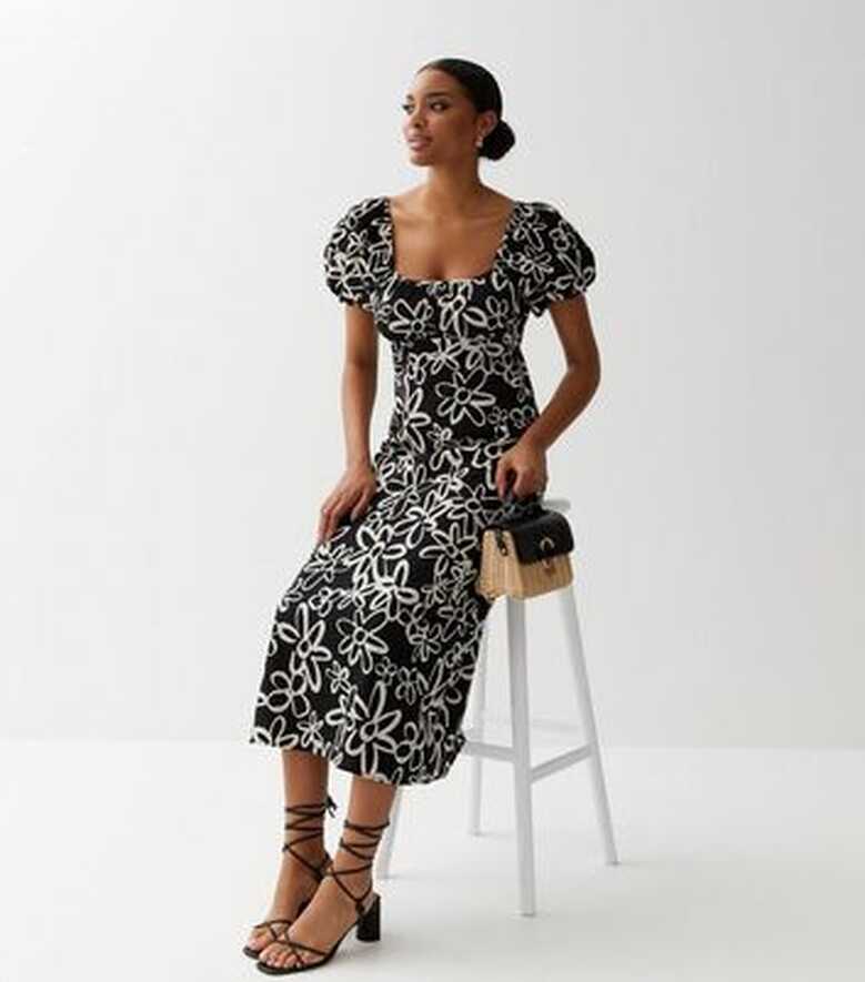 Black Floral Puff Sleeve Midi Dress | New Look