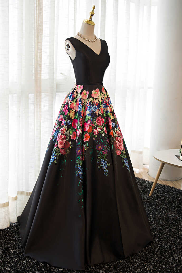 Black Floral Satin V-neckline Prom Dress, Charming Formal Gown ...