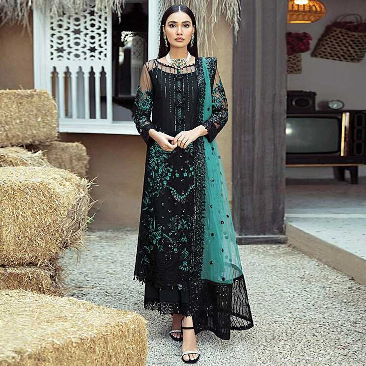 Black Floral Sequins Embroidered Georgette Pakistani Suit