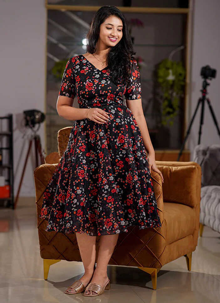 Black Flower Printed Georgette Short Dress – Shinisha