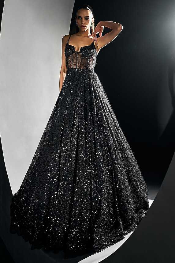 Black Georgette Sequins Gown Design by Sawan Gandhi at Pernia&#39;s ...