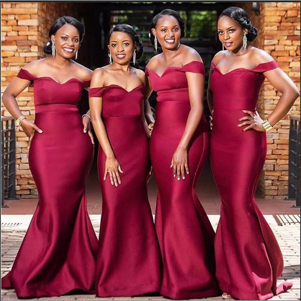 Black Girl Long Bridesmaid Dresses off Shoulder Burgundy Wedding ...