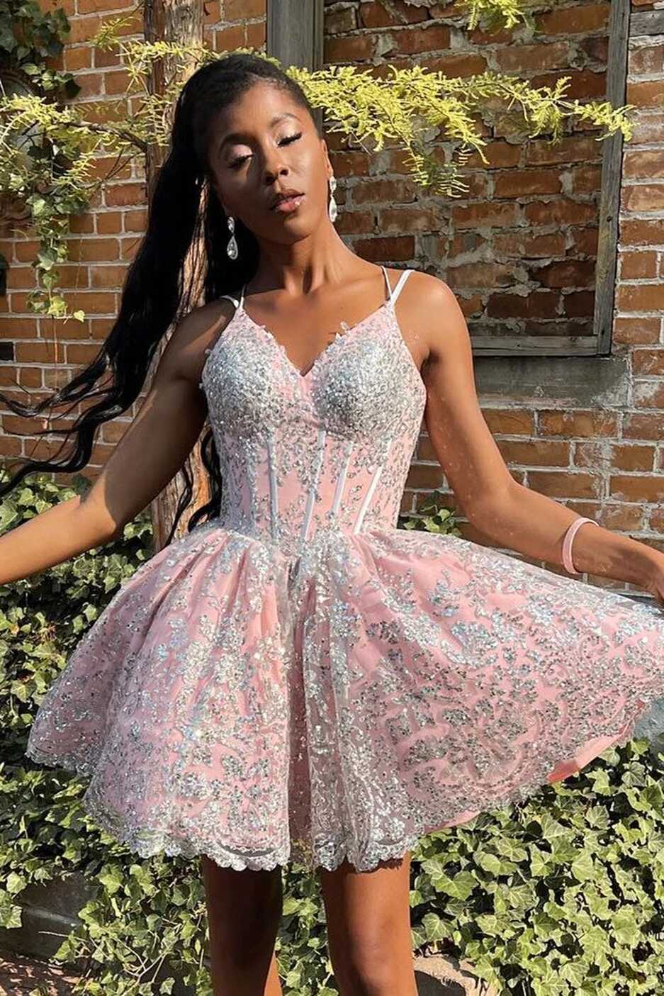 Black Girl Pink Homecoming Dress with Silver Lace