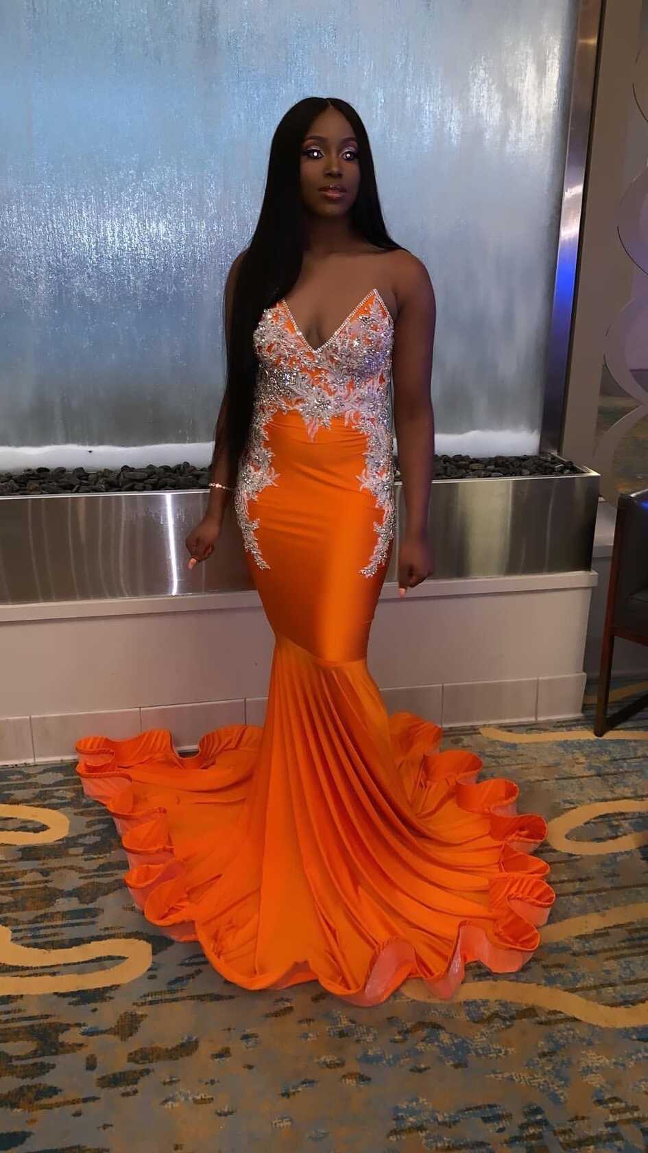 Black Girls Mermaid Prom Dress V Neck Appliques Beaded Plus Size ...