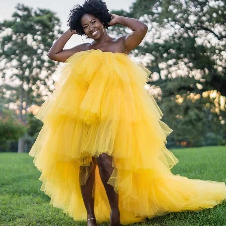 Black Girls Yellow Prom Dresses Strapless High Low Tiered Ball ...