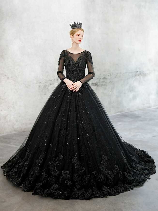 Black Gothic Ball Gown Wedding Dress Bridal Gown Long Sleeves ...