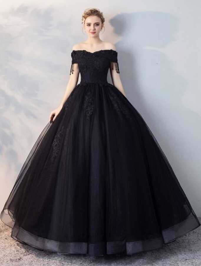 Black Gothic Off-the-Shoulder Lace Appliqued Ball Gown Wedding Dress