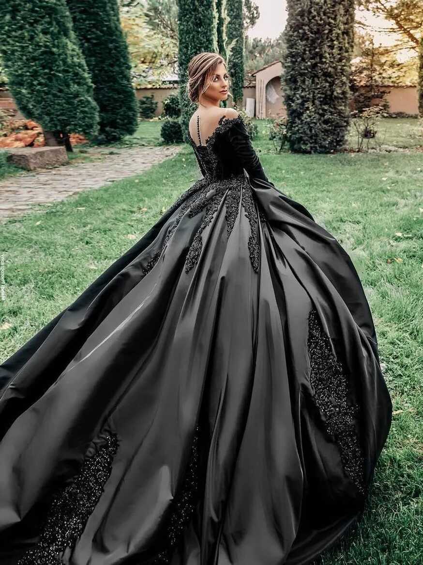 Black Gothic Princess Ballgown Wedding With Sheer Neckline, Satin ...