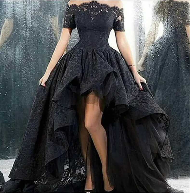 Black Gothic Wedding Dress Hi-Low Off-Shoulder A-Line Lace Bridal ...