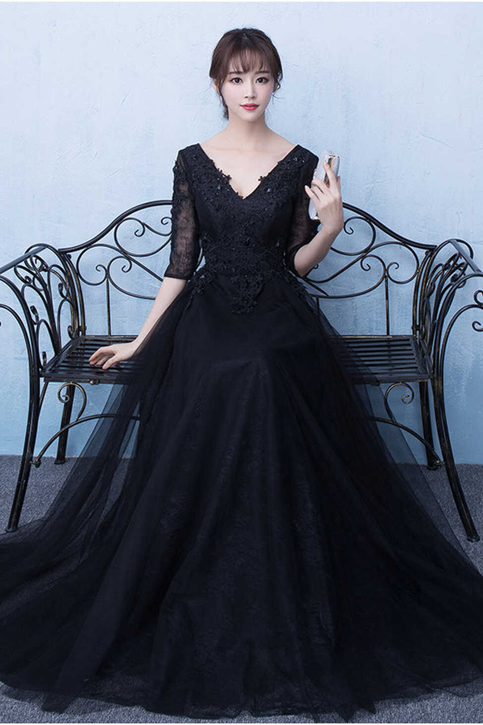 Black Half Sleeves Lace V Neck Prom Dresses Evening Party Dress ...