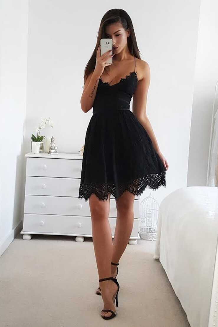 Black Halter Tie Back Short Prom Dress, Sleeveless Appliques Cheap ...