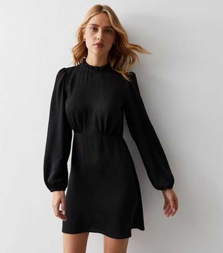 Black High Neck Long Sleeve Mini Dress | New Look