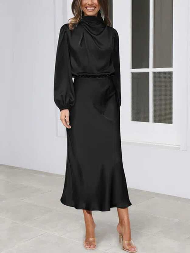 Black High Neck Long Sleeve Satin Maxi Dress - millybridal.org