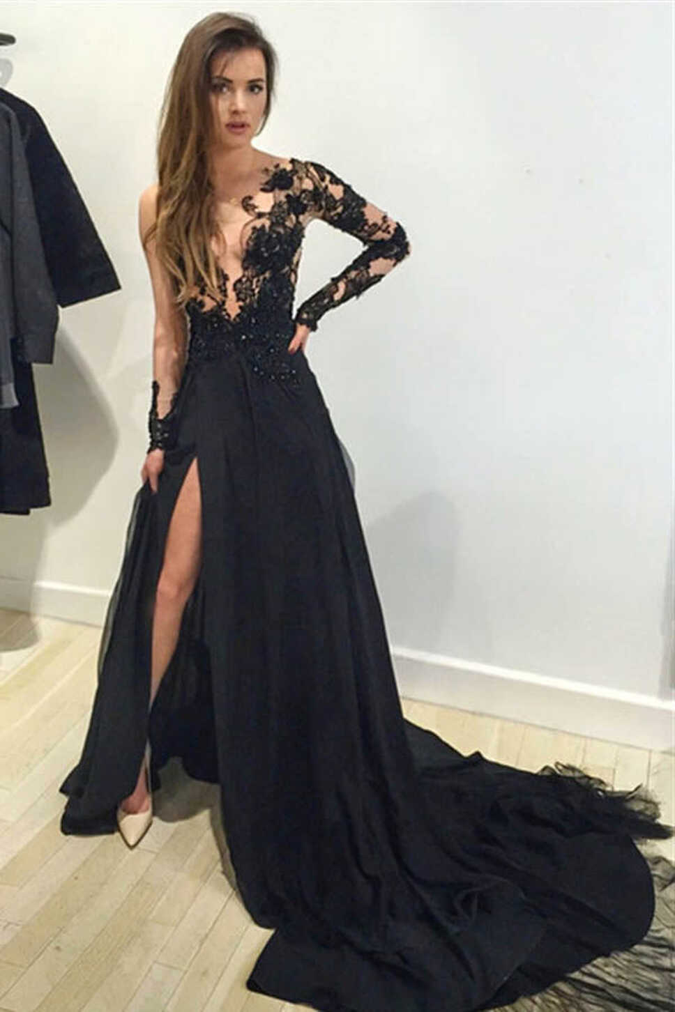 Black Illusion Lace Chiffon Long Sleeve Prom Dress With Sweep ...