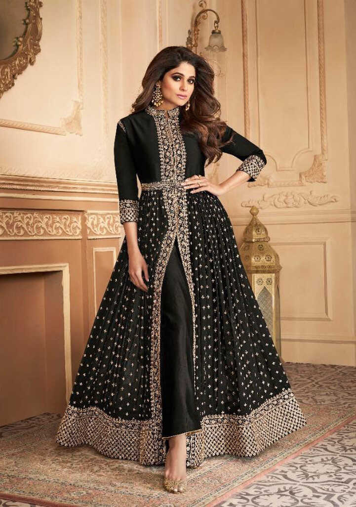 Black Indian Designer Party Wear Front Slit Anarkali Dress | Asian ...