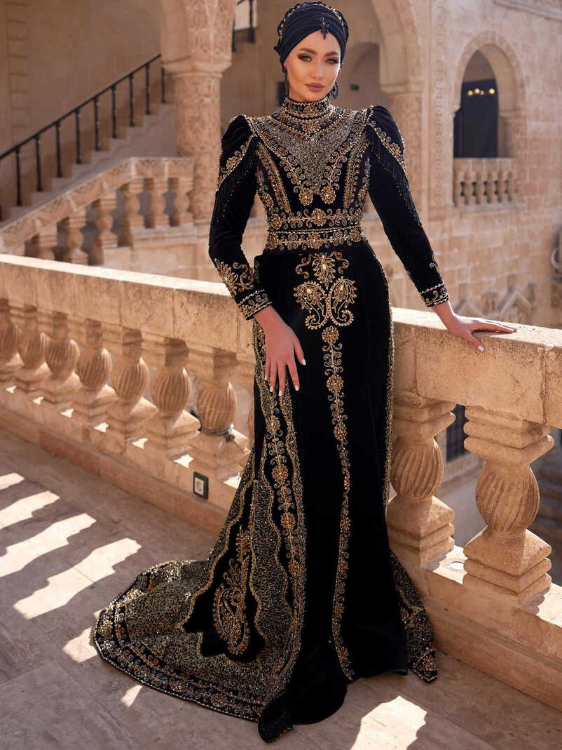 Black Islamic Muslim Sequin Long Mermaid Fancy Wedding Dress ...