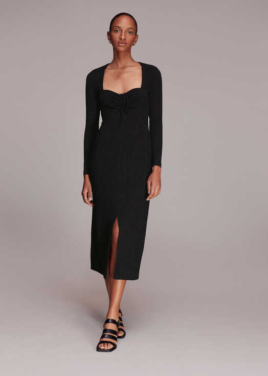 Black Jersey Sparkle Tie Midi Dress | WHISTLES | Whistles UK |