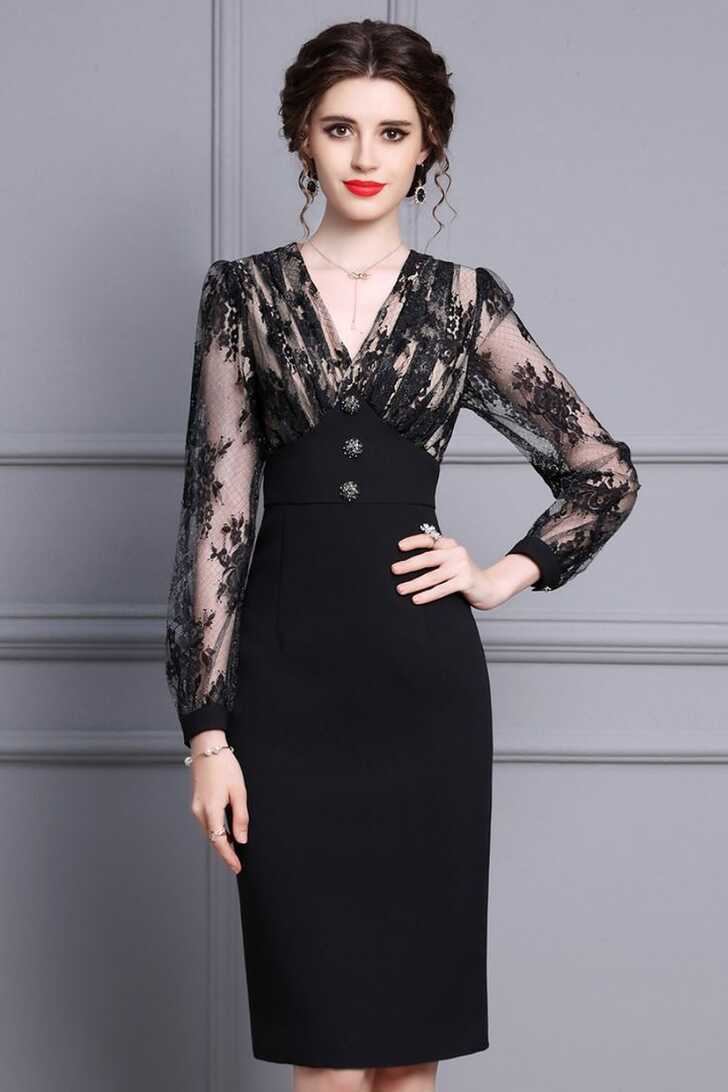 Black Knee Length Bodycon Party Dress with Sheer Sleeves