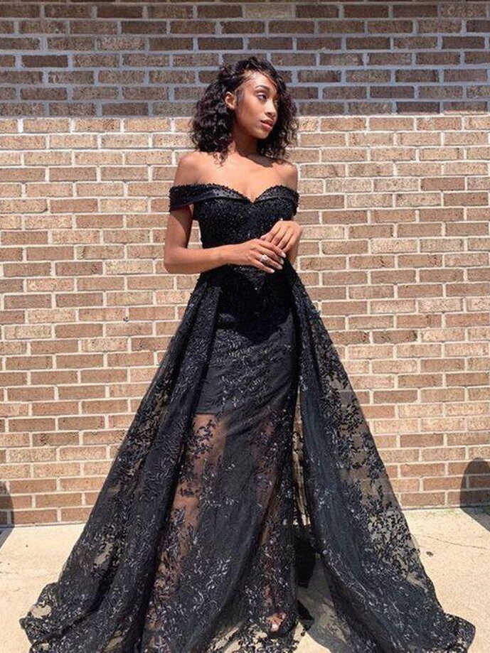 Black Lace Affordable 2021 Long Prom Dresses, Off Shoulder Elegant ...