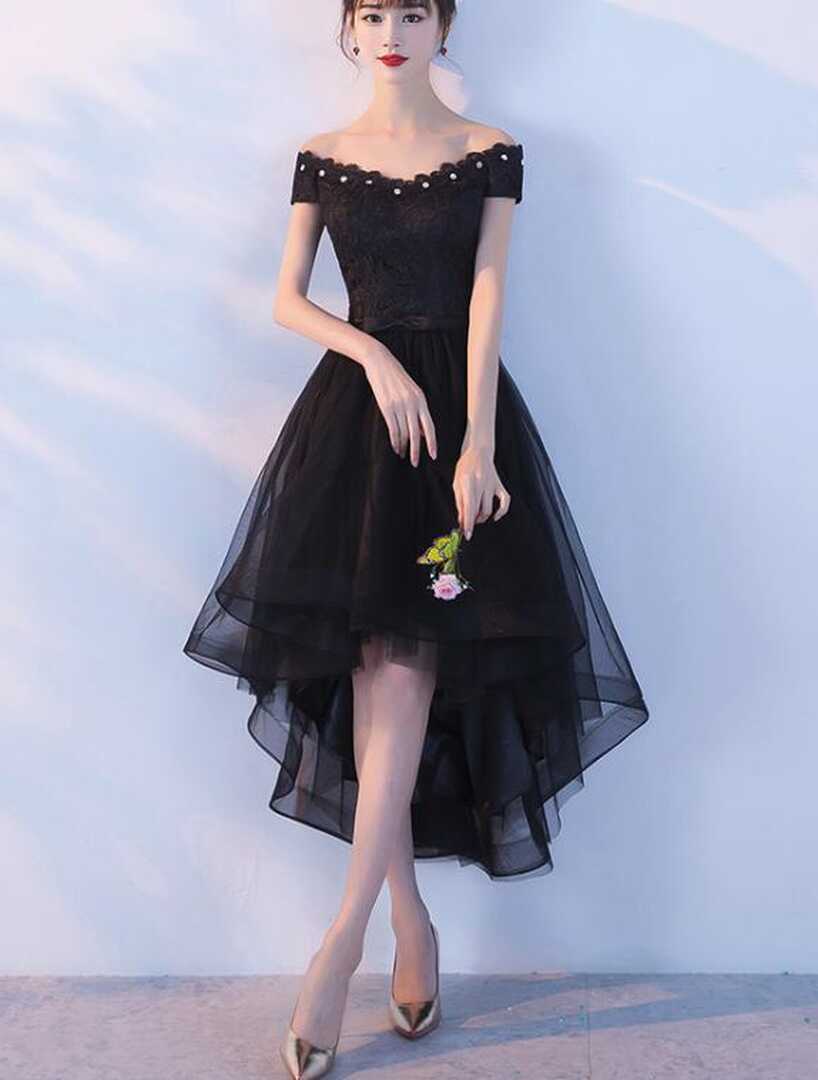 Black Lace And Tulle Lovely Party Dress, High Low Formal Dress ...