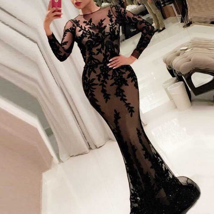 Black Lace Evening Dress Mermaid Long Sleeve Jewel Neck Mermaid ...