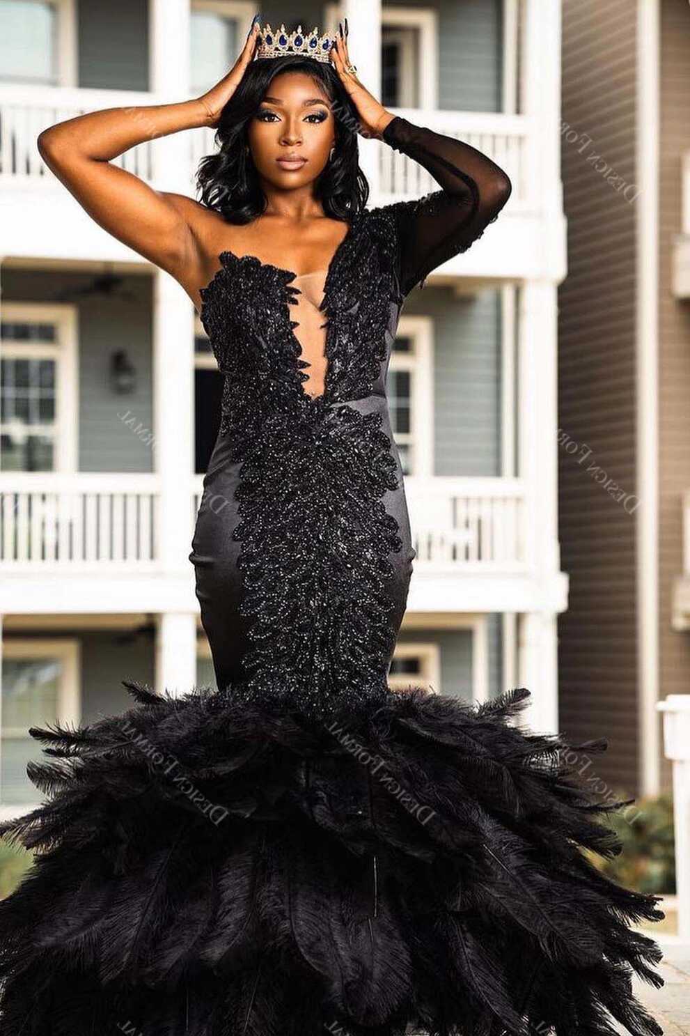 Black Lace Illusion One Sleeve Feather Custom Made Prom Dress