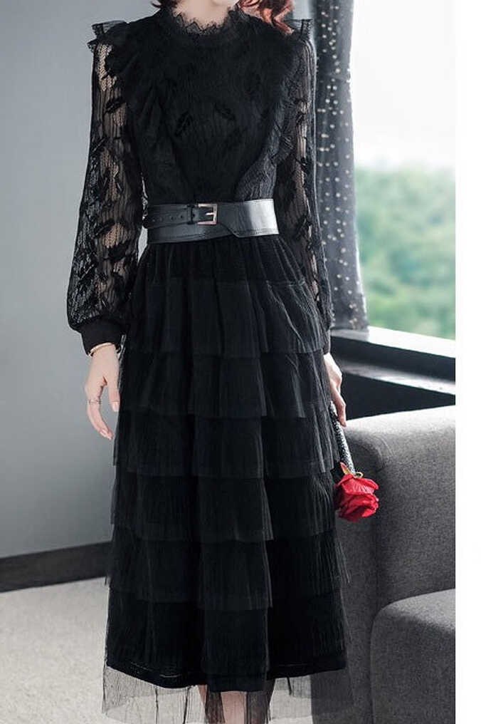 Black Lace Layered Party Dress With Belt - Women&#39;s Dress | Dress Album